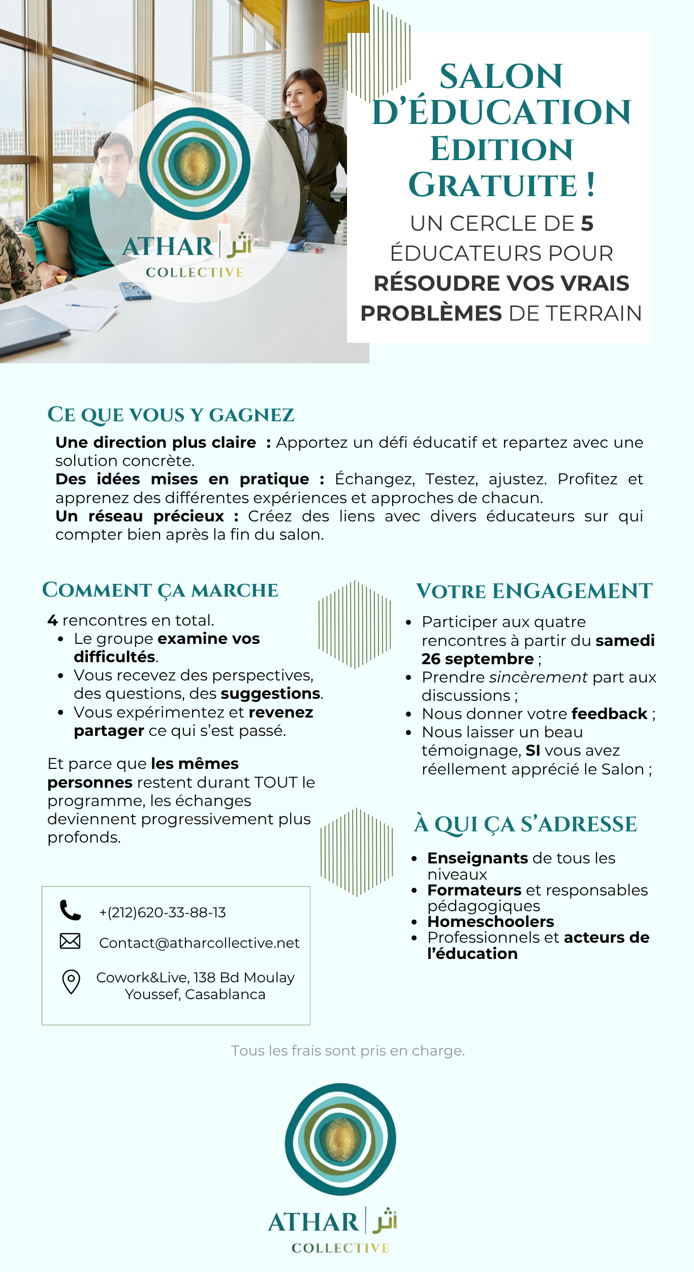 4 rencontres en total. Le groupe examine vos difficultés. Vous recevez des perspectives, des questions, des suggestions. Vous expérimentez et revenez partager ce qui s’est passé.